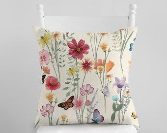 Watercolor Wildflowers Spring Pillow Cover, Colorful Flower Pillowcase, Farmhouse Decorative Throw Pillow, Spring Cushion, Home Decor
