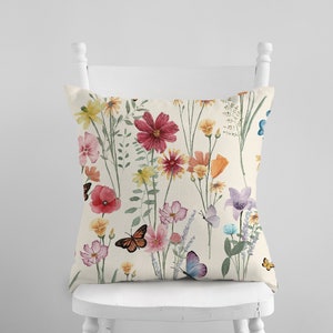 Watercolor Wildflowers Spring Pillow Cover, Colorful Flower Pillowcase, Farmhouse Decorative Throw Pillow, Spring Cushion, Home Decor