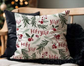 Botaniskt örngott med rött vinterbär, julörngott med Holly Jooly-motiv, vinterdekor, vinterkudde, lantlig kudde