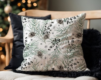 Green Winter Pine Botanical Pillow Cover, Christmas Pillow Cover, Green Pine Pillow Cover, Winter Decor, Winter Pillow, Farmhouse Pillow