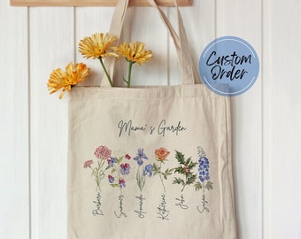 Mamas Garten-Einkaufstasche, Geschenk für Oma, Muttertagsgeschenk, individuelle Tragetaschen mit Kindernamen, personalisiertes florales Tote-Mama-Geschenk