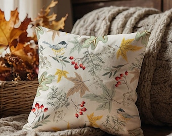 Beige Pillow Cover with Bird and Autumn Leaf Pattern, Botanical Fall Cushion