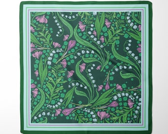 Green Lily of the Valley Silk Scarf: Floral Square Scarf, Retro Style