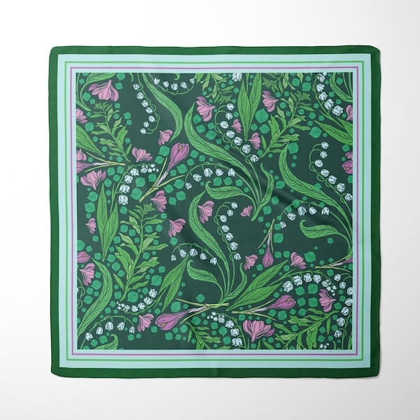 Green Lily of the Valley Silk Scarf: Floral Square Scarf, Retro Style