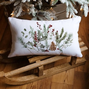 Watercolor Pine and Berry Lumbar Pillow, Botanical Christmas Lumbar Pillow Covers, Christmas Pillow, Holiday Lumbar Pillow, Farmhouse Pillow