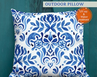 OUTDOOR Pillows, Watercolor Blue Sicilian Tiles Outdoor Pillows, Coastal Pillows, Beach Cushions, Waterproof Pillow, Pillow with Insert