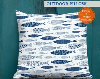 OUTDOOR Pillows, Blue Fishes Outdoor Pillows, Blue Outdoor Pillow, Coastal Pillows, Beach Cushions, Waterproof Pillow, Nautical Pillow