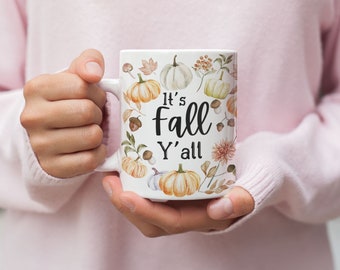 Hello Fall Ceramic Mug, Pumpkin Autumn Leaves Design