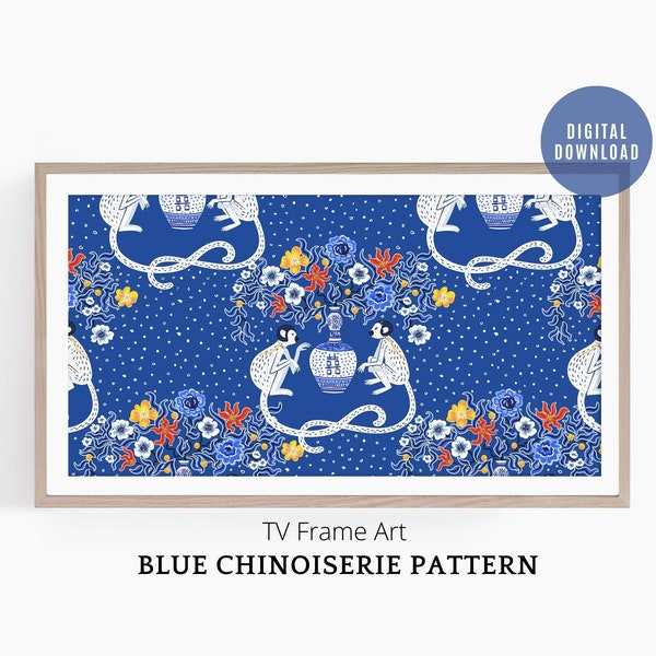 Frame TV Art Flower Painting, Vintage Chinoiserie Monkey Samsung Frame TV Art, Blue Chinoiserie Flowers frame tv art , Instant Download