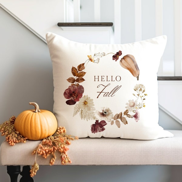 Hello Fall Pillow Cover, Watercolor Pumpkin and Fall Leaves Pillow Cover, Fall Decor, Pumpkin Pillow Cover, Autumn Decor, Farmhouse Pillow
