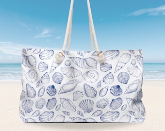 Blue Seashell Beach Bags, Large Tote Bag, Blue Tote Bag, Blue Beach Bag, Weekend bag, Summer Tote Bag, Beach Lover Gift