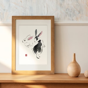 Watercolor Rabbits Contains hieroglyph wealth Poster, Year of The Rabbit 2023 Print, Rabbit Zodiac print, Digital Download