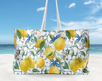 Summer Blue Tiles with Lemons Bag, Beach Bags, Large Tote Bag, Lemon Tote Bag, Blue Tile Print Bag, Italy Lemon Summer Beach Bag