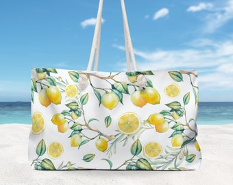 Yellow Lemon Beach Bag, Watercolor Lemon Large Tote Bag, Lemon Tote Bag, Italy Lemon Summer Beach Bag, Weekender Bag Women