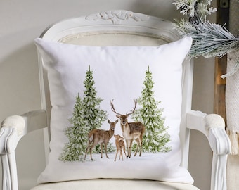 Winter Tree and Deer Pillow Cover, Christmas Deer Pillow Cover, Watercolor Pine Tree Pillow, Forest Tree Pillow Cover, Farmhouse Pillow