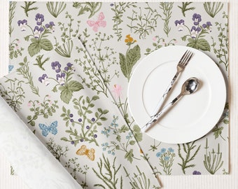 Juego de manteles individuales con flores silvestres verdes: manteles individuales de tela con motivos botánicos de estilo rústico