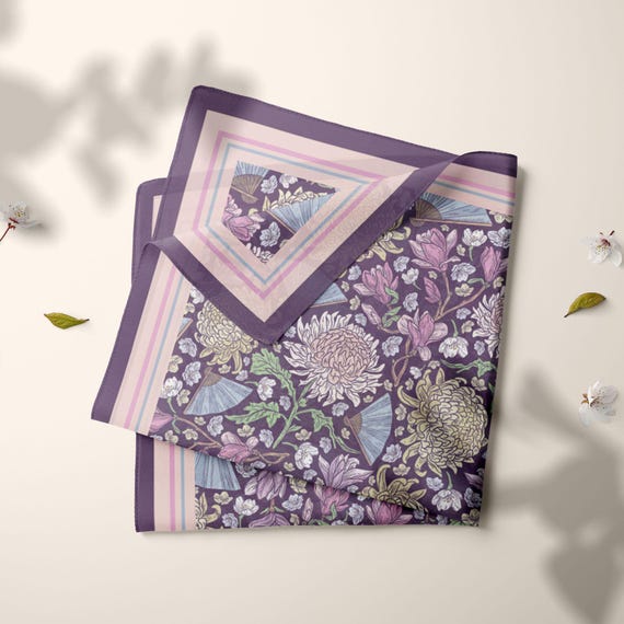 Purple Floral Silk Scarf – Blossoms in Plum, Elegant Square Scarf