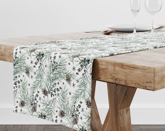 Winter Botanical Table Runner, Farmhouse Winter Table Runner, Cotton Christmas Table Runners, Pine Tree Table Runner, GreenTable Runner