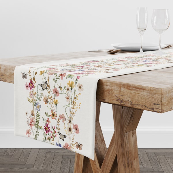 Watercolor Pressed & Dried Wildflowers and Herbs Table Runner, Spring Summer Botanical Table Runner, Fairytale Garden Table Runner
