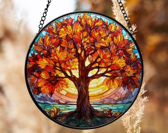Autumn Tree Round Stained Glass, Fall Leaves Suncatcher, Autumn Stained Glass Window Hanging, Thanksgiving gift, Fall Decor