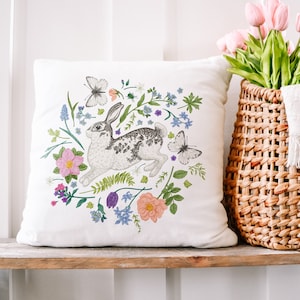 Bunny and Spring Meadow of Flowers Pillow Cover, Easter Rabbit Pillow, Spring Flowers Pillow, Rabbit Lover Gift, Bunny Gift, Spring Decor