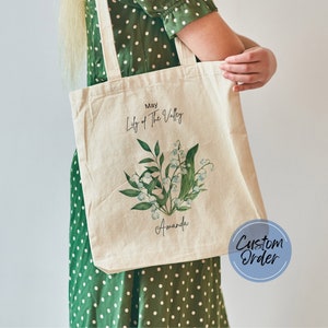 May Birth Flower Lily Of The Valley Tote Bag, Personalized Birthday Gifts, Mothers Day Gift, Floral Tote Bag, Lily of the Valley Gift