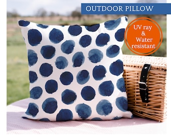 Blue Watercolor Outdoor Pillow: Navy Garden Cushion, Waterproof Patio Decor