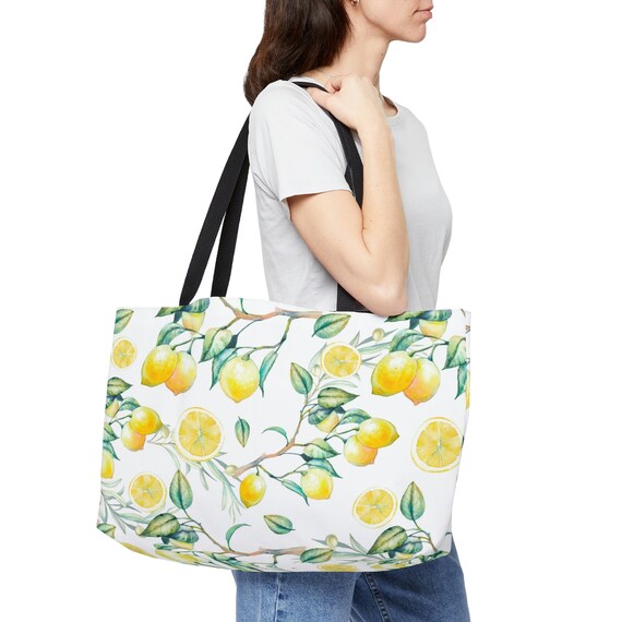 Yellow Lemon Beach Bag, Watercolor Lemon Large Tote Bag