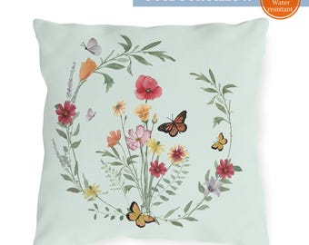 Watercolor Wildflower Wreath Outdoor Pillow: UV & Water-Resistant