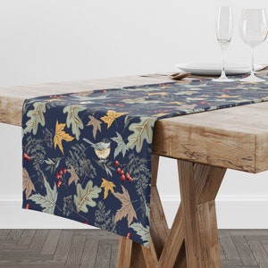 Fall Table Runner, Birds Fall Leaves Botanical Table Runner, Autumn Forest Table Runner, Fall Botanical  Table Runner, Fall Home Decor