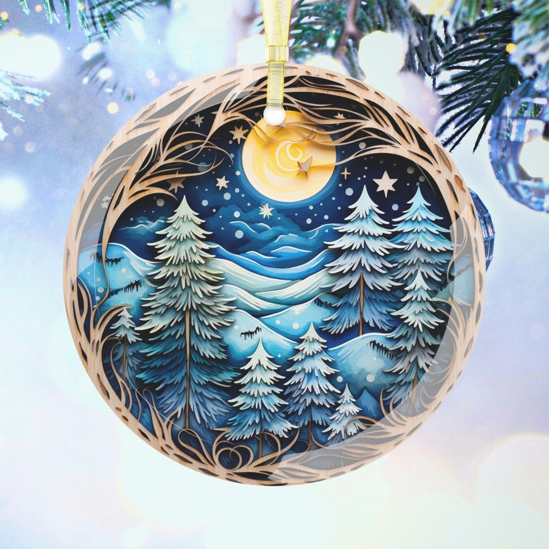 Winter Landscape Glass Christmas Ornament: Blue Winter Tree Scene - Etsy  Israel, image size:1080x1080