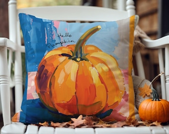 Hello Pumpkin Pillow Cover – Fall Cushion, Harvest Accent, Rustic Thanksgiving Decor