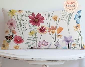 Watercolor Wildflower Lumbar Pillow Cover: Spring Floral Cushion