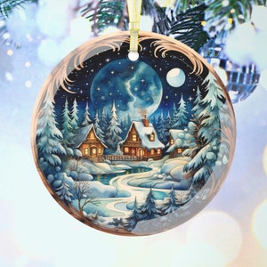 Winter Village Glass Ornament, Blue Glass Christmas 3D Ornament, Winter Landscape Ornaments, Christmas Ornament, Unique Ornaments