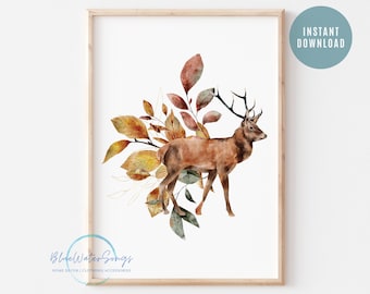 Watercolor Fall Deer Print, Fall Animal Prints, Deer and Fall Leaves Print, Botanical Art Print, Fall Printable Art, Digital Download Art