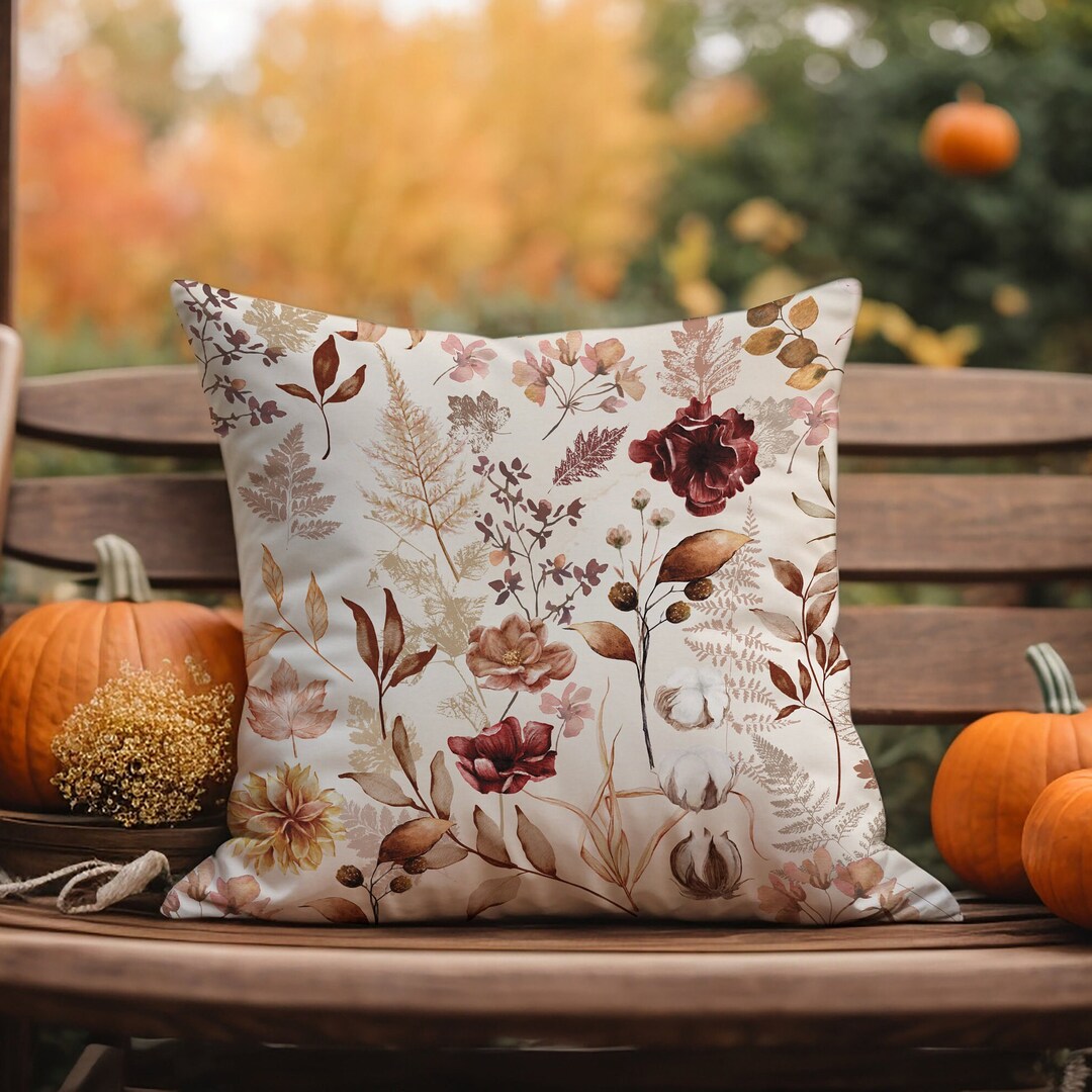 Botanical Floral Pillow Cover, Autumn Leaves Cushion for Cozy Fall Home ...