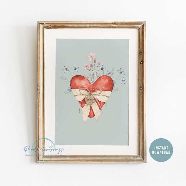 Watercolor Farmhouse Valentine Heart Printable, Watercolor Heart Vintage Valentine Art Print, Heart wall art, Instant Download