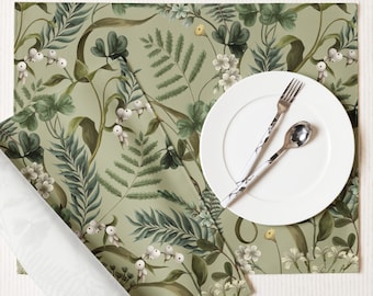 Juego de manteles individuales con motivos botánicos de flores silvestres: Tela floral verde, decoración de mesa para primavera y verano.