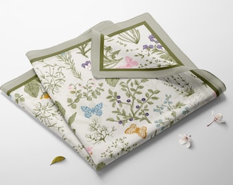 Wildflower Silk Habotai Scarf: Botanical Herb Square Scarf, Vintage Style