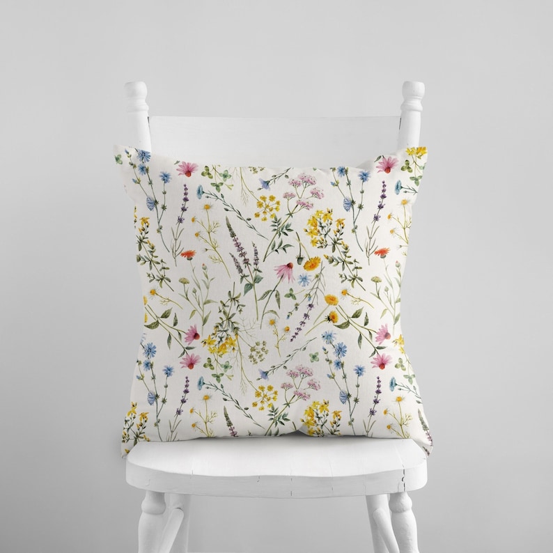 Wildflowers Pillow Covers, Watercolor Spring Summer Pillow Cover, Colorful Flower Pillowcase, Farmhouse Throw Pillow, Spring Home Decor image 1