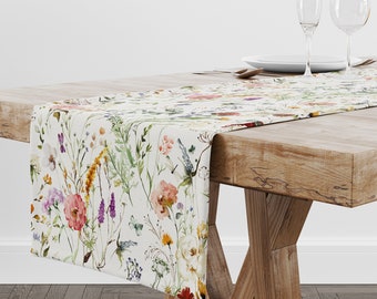 Watercolor Spring Summer Wildflowers Table Runner, Spring Botanical Table Runner, Farmhouse Table Runner, Cotton Table Runners, Spring Decor