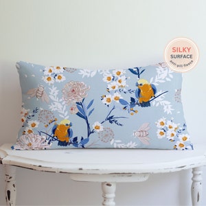 Lumbar Birds and Flowers Pillow Cover, Blue Bird Pillow, Chinoiserie Pillow, Spring Summer Pillow Cover, Floral Pillow, Botanical pillow