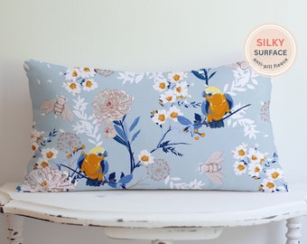 Blue Bird Lumbar Pillow Cover: Chinoiserie Floral Pillow