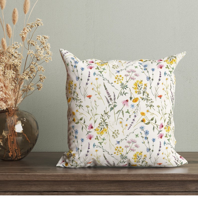 Wildflowers Pillow Covers, Watercolor Spring Summer Pillow Cover, Colorful Flower Pillowcase, Farmhouse Throw Pillow, Spring Home Decor zdjęcie 8