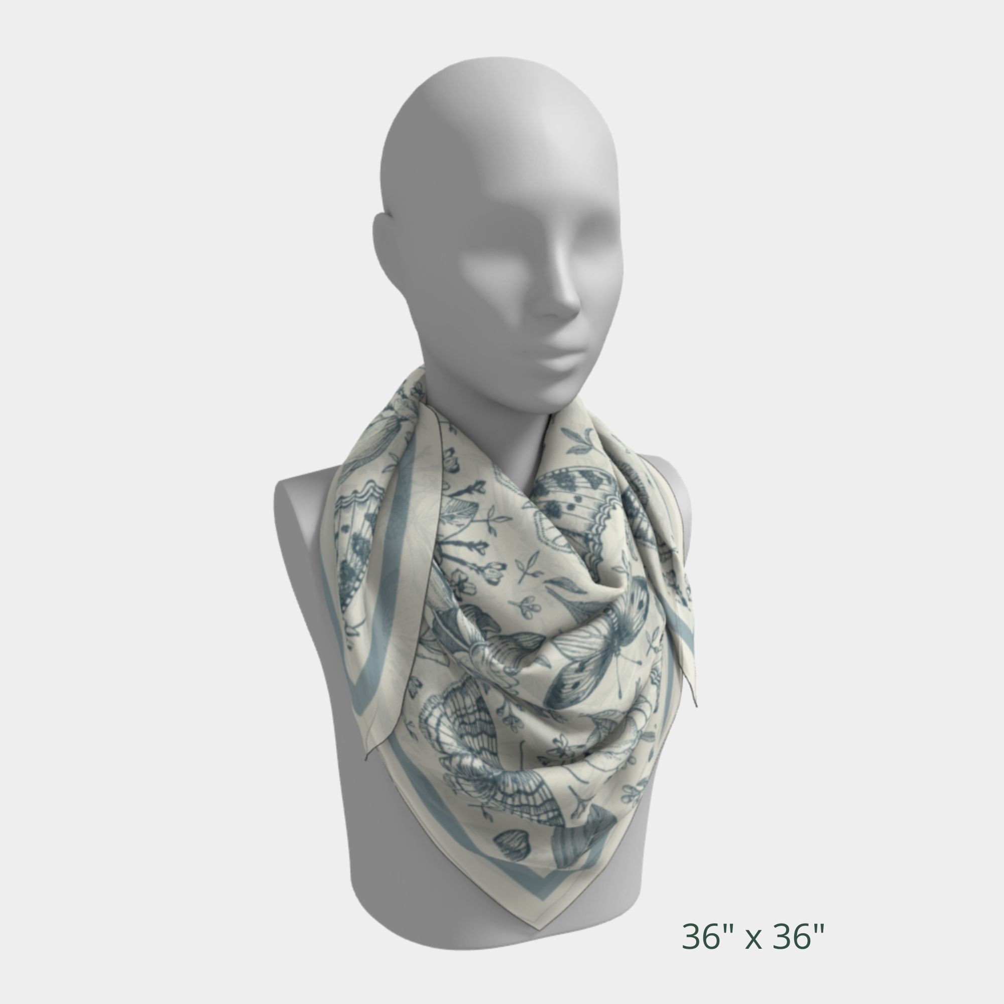 Blue Silk Scarf, Blue Vintage Butterfly, Moth and Flowers