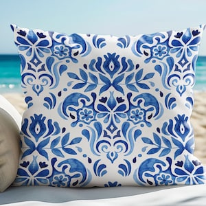 Blue Summer Pillow, Watercolor Blue and White Tiles Pattern Pillow Cover, Summer Pillows, Blue Pillow, Coastal Pillow, Summer Decor