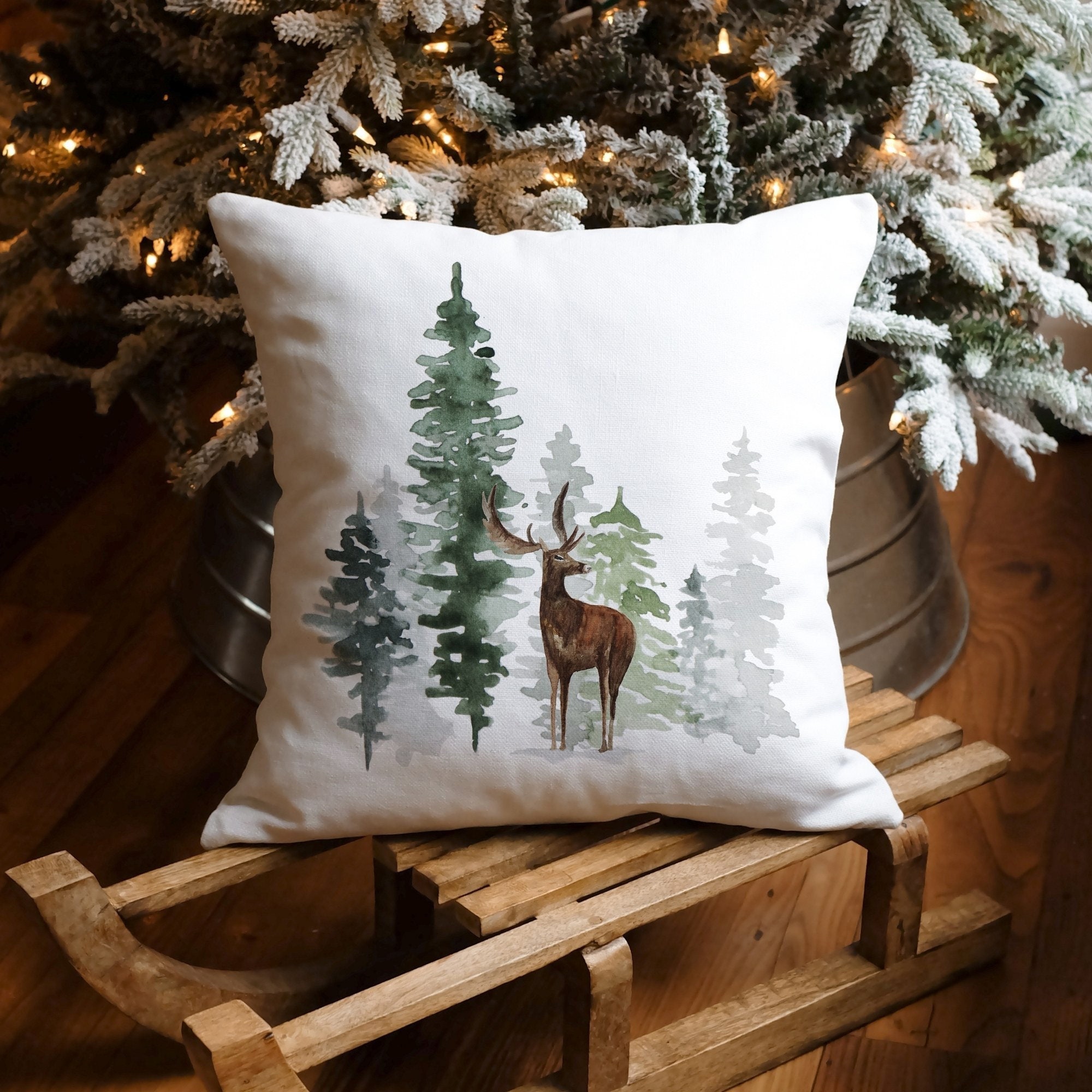 Winter Tree Pillow Cover, Christmas Deer Pillow Cover, Watercolor Pine Tree Pillow, Forest Tree Pillow Cover, Farmhouse Pillow, Rustic Decor