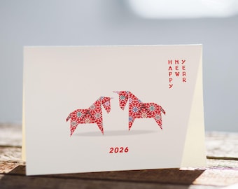 Red Origami Horses Lunar New Year Card – Year of the Horse 2026 Greeting Card