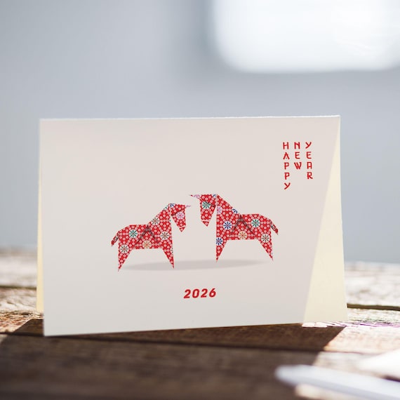 Red Origami Horses Lunar New Year Card – Year of the Horse 2026 Greeting Card