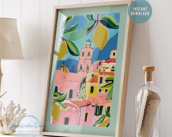 Italy Poster, Lemons Amalfi Coast print, Lemon Print, Pink and Green Print, Lemon Wall Art Prints, Summer printable, Digital Download